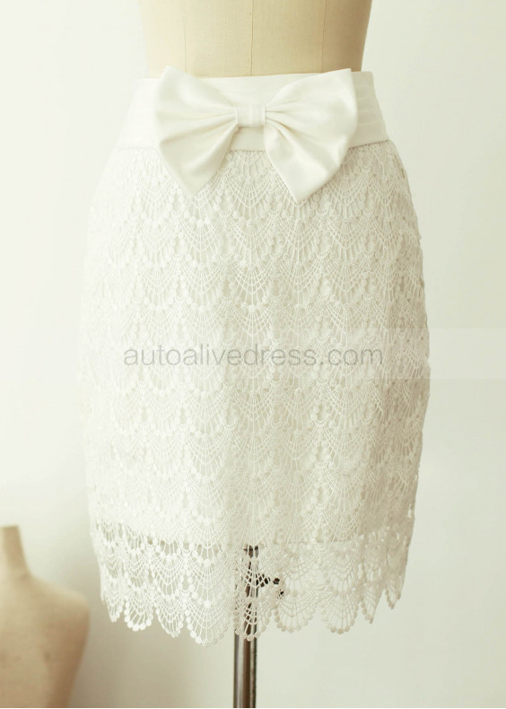 Ivory Lace Ruching Sash Knee Length Skirt